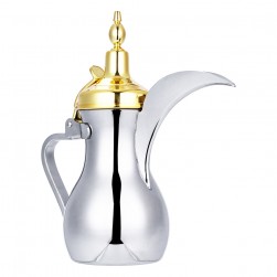 ALSANIDI, Dallah Saudi Coffee, Dallah Steel, Silver*Gold, Size L:25.5*W:11*H27 Cm