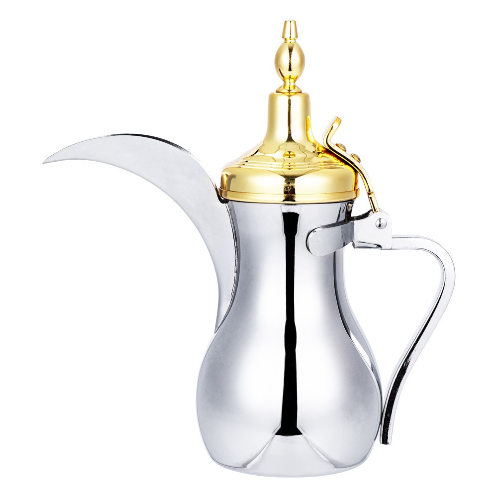 ALSANIDI, Dallah Saudi Coffee, Dallah Steel, Silver*Gold, Size L:25.5*W:11*H27 Cm