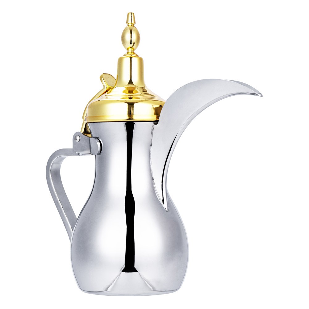 ALSANIDI, Dallah Saudi Coffee, Dallah Steel, Silver*Gold, Size L:25.5*W:11*H27.5 Cm