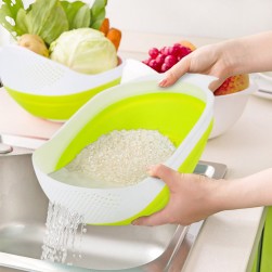 ALSANIDI, Foldable Silicone strainer, Rice, Vegetables and fruits strainer, White*Green, Size 13.5*18.7*26 Cm