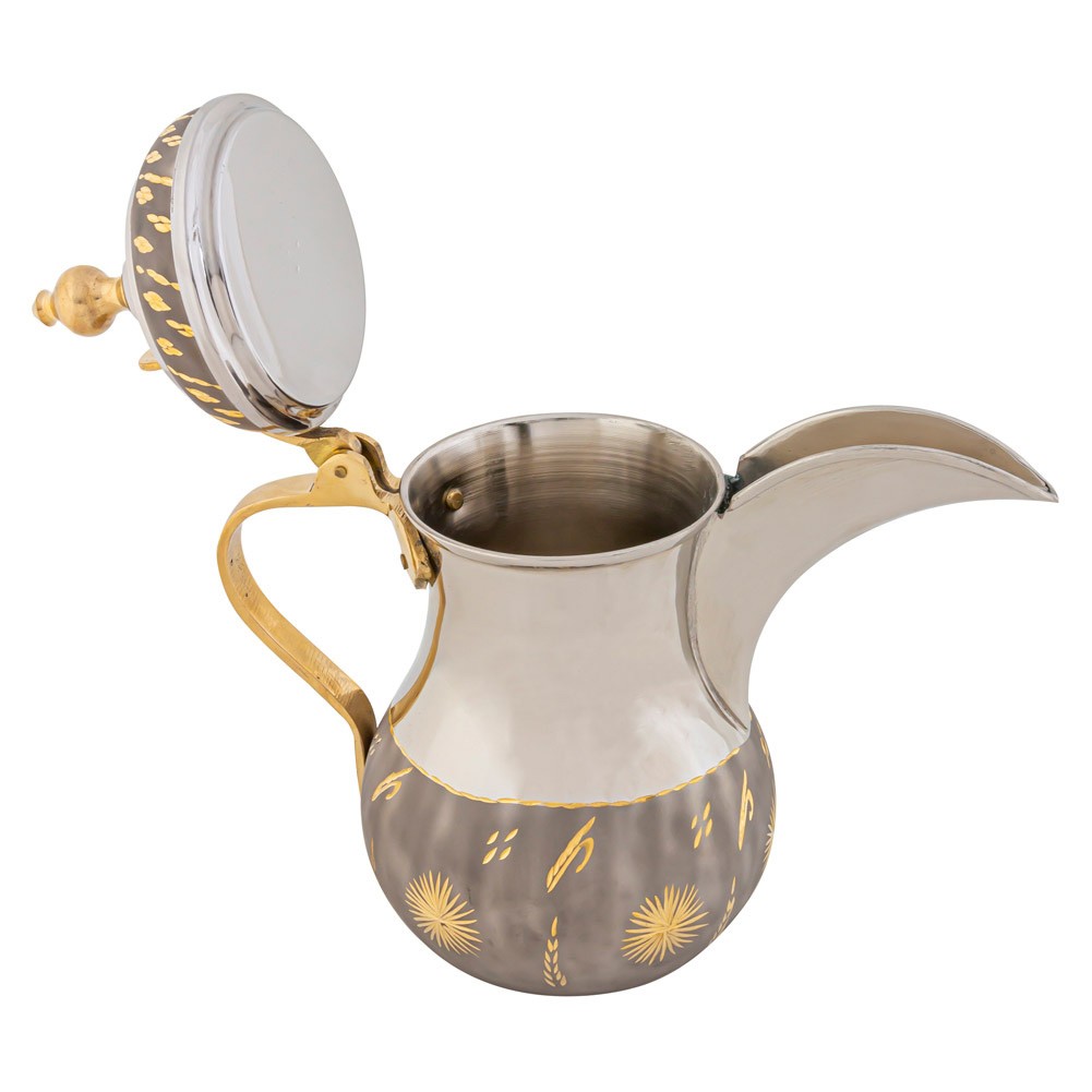 ALSANIDI, Al-Bughdadi Indian Copper Arabic Coffee Dallah, Habb Al-Romman Coffee Dallah, Silver, capacity 1.25 L